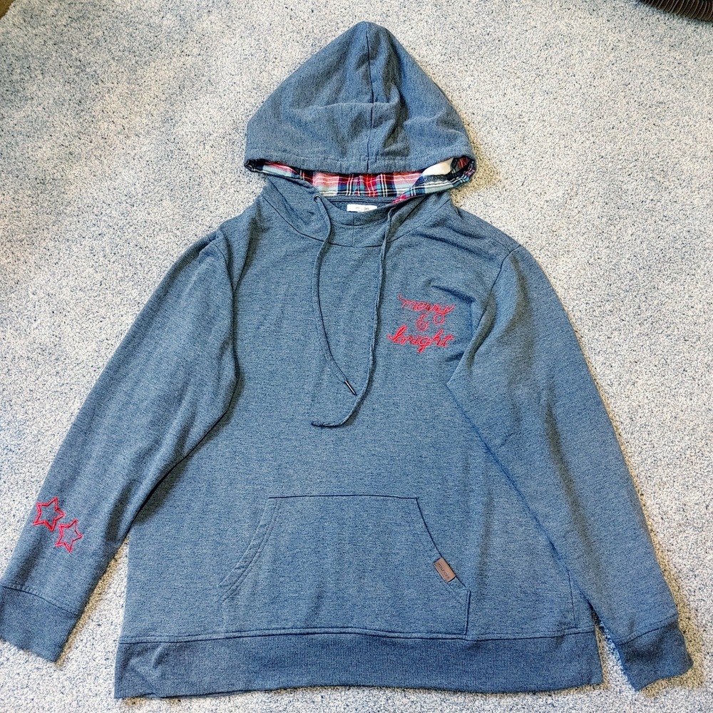 Maurices Merry & Bright Gray Heather Plaid Lined Hoodie XL Festive Holiday Star